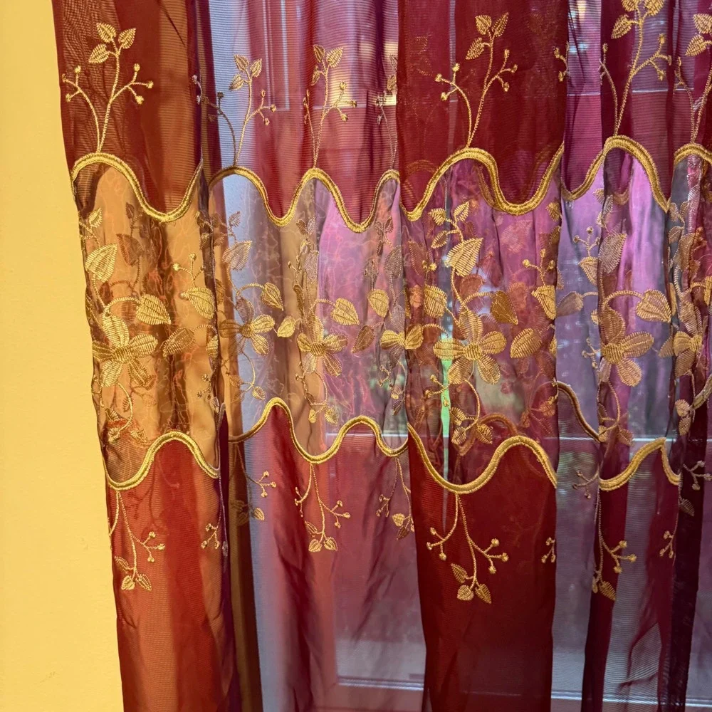 Vtg Burgundy Sheer Embroidered Curtains Set of 2 Lace Window Panels 66.5